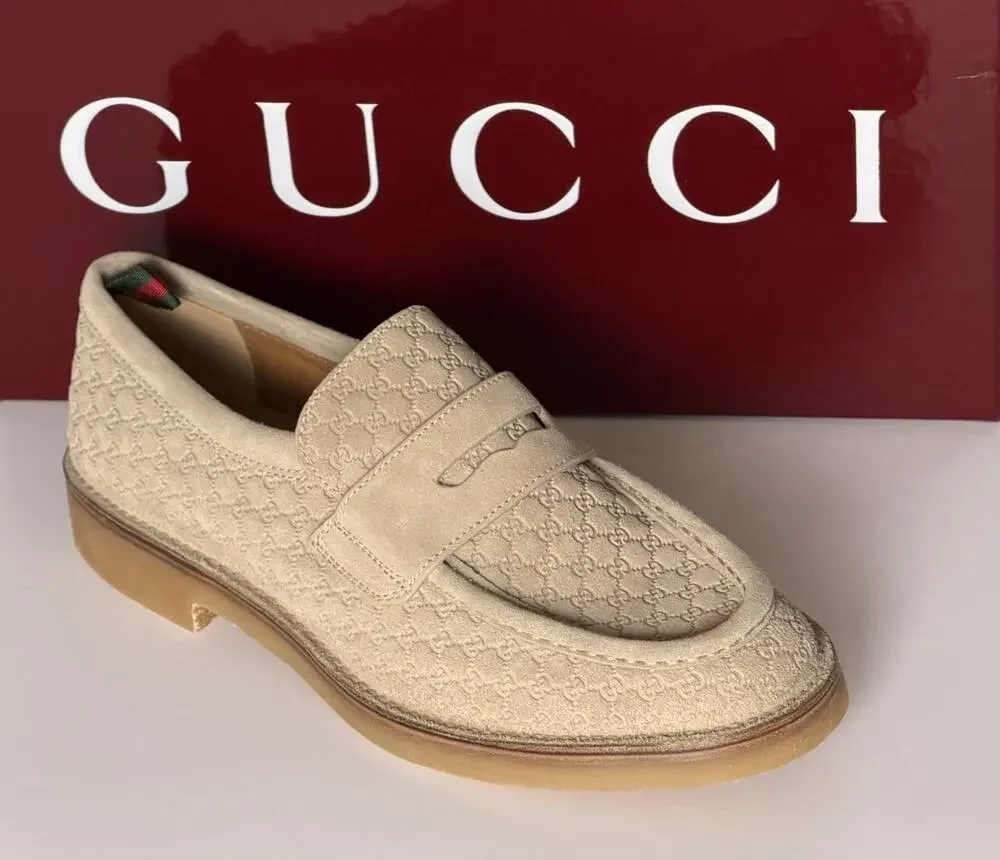 Gucci Mens GG Monogram Suede Loafers Shoes Oatmeal 9.5 US (9 Gucci) 831289 NIB